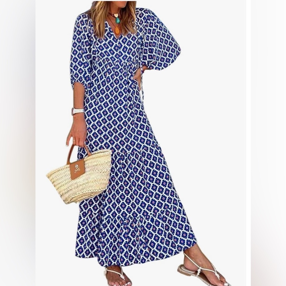 miduo Women’s Loose Fit Casual  V Neck Half Sleeve Geometric Pattern Maxi